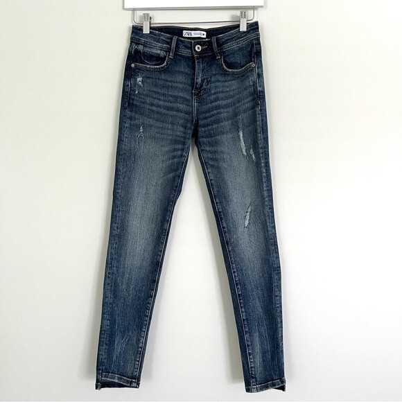 Zara Mid Rise Distressed Skinny Jeans with Asymmetrical Hem, US 2/EUR 34 NWOT - Picture 4 of 13